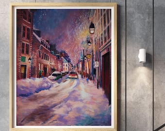 Original art, pastel and acrylic painting, Montreal street scene in winter.