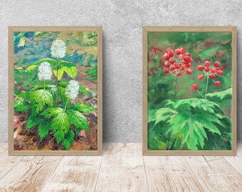 Wild flowers digital download, printable botanical art of Actae rubra, baneberry or red cohosh