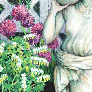 Original painting with water nymph, pots of flowers on a brick patio. Sunny summer garden. zdjęcie 8
