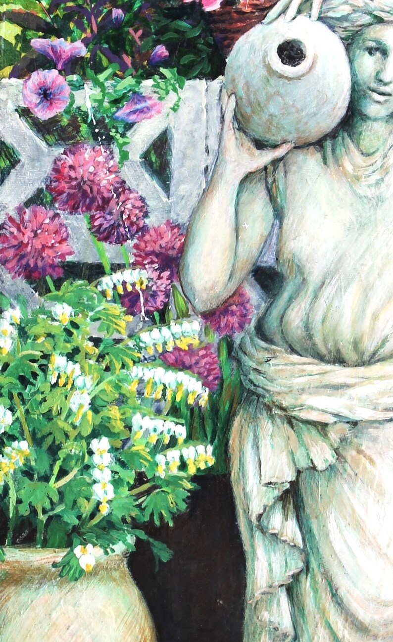 Original painting with water nymph, pots of flowers on a brick patio. Sunny summer garden. zdjęcie 8