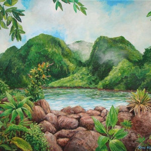 May include: A watercolor painting of a lush green tropical landscape with a river flowing through it. The river is surrounded by large rocks and lush green foliage. The mountains in the background are covered in mist.