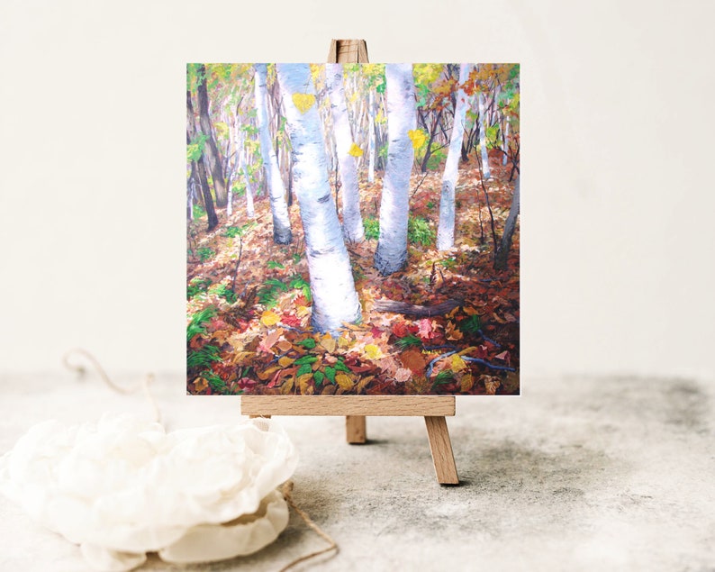 bouleau avec feuilles jaune Impression d'art, peinture de forêt d'automne, image 3