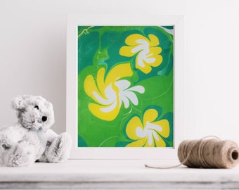 Marbled painting, yellow flowers, with or without frame and matt. Original painting, acrylic on paper.