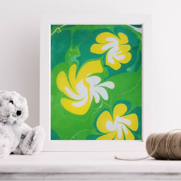 Marmoriertes Gemälde, gelbe Blumen, mit oder ohne Rahmen und matt. Originalbild, Acryl auf Papier.