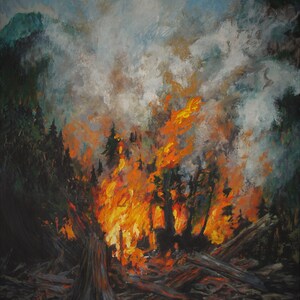 Puede incluir: Una pintura que representa un incendio forestal con llamas que engullen árboles y humo que se eleva hacia el cielo. La escena está pintada en un estilo realista con un enfoque en la intensidad del fuego.