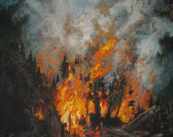 森林火災のアートプリント：山火事のアクリル画（デジタルダウンロード