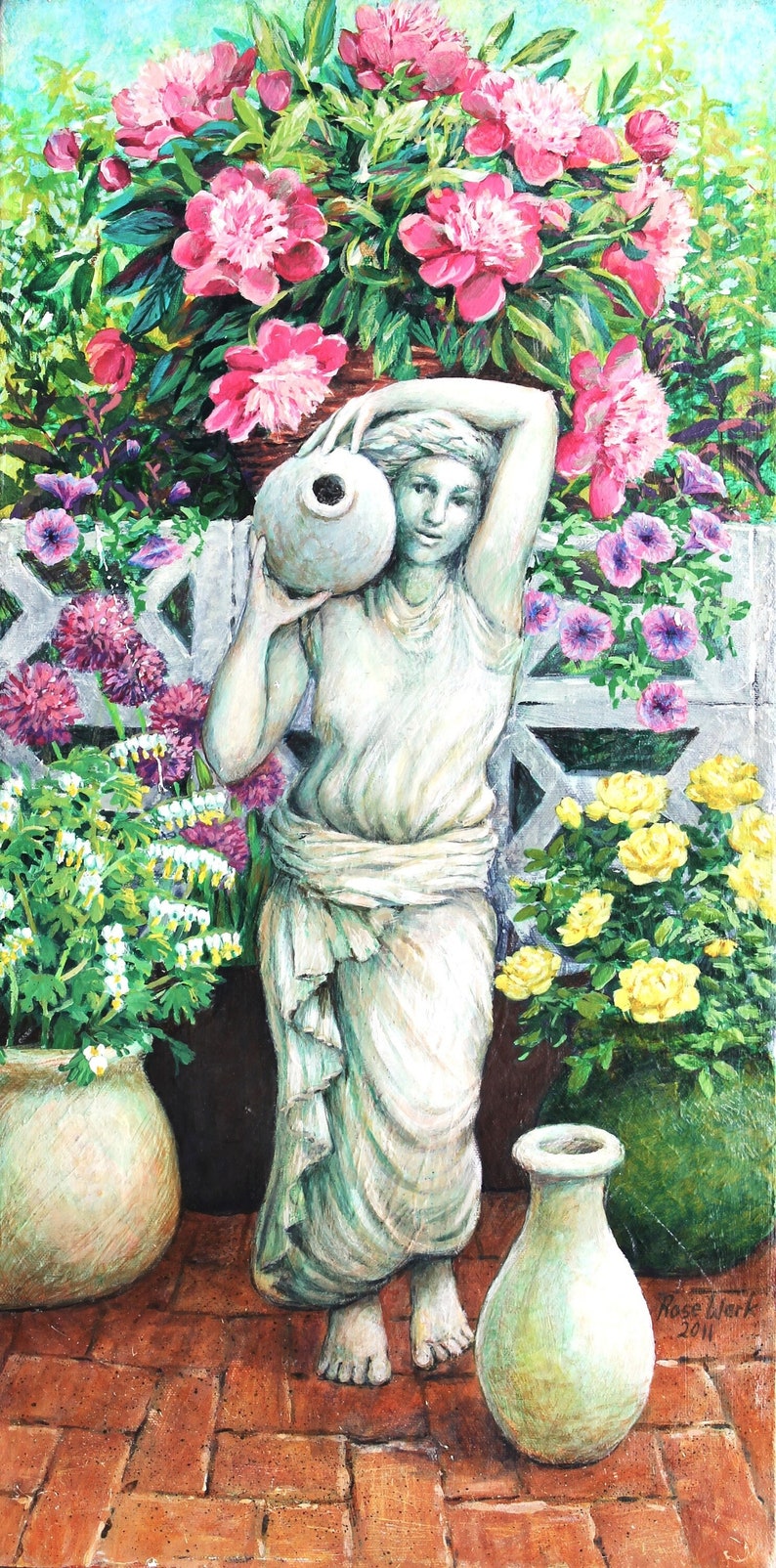 Original painting with water nymph, pots of flowers on a brick patio. Sunny summer garden. zdjęcie 1