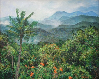 art print, rain forest with flame trees in bloom, mountains and jungle, pristine wilderness