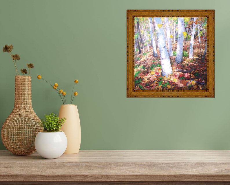 bouleau avec feuilles jaune Impression d'art, peinture de forêt d'automne, image 6