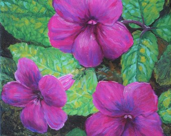 art print of tropical flowers, bright pink impatiens, flowers with water droplets