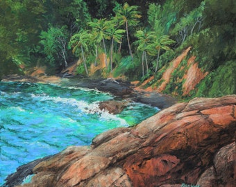 Original painting of a secluded tropical beach on the Atlantic side of Dominica, an island in the Caribbean.