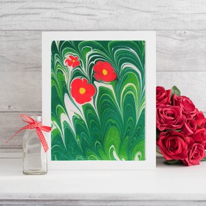 Dipinto marmorizzato, fiori rossi, con o senza cornice e passepartout. Dipinto originale, acrilico su carta.