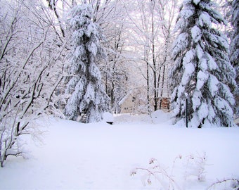 Photographic wall art, snowy winter landscape with houses, digital download