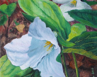digital art download, printable image, wild flower painting of beautiful spring trilliums, a woodland flower.