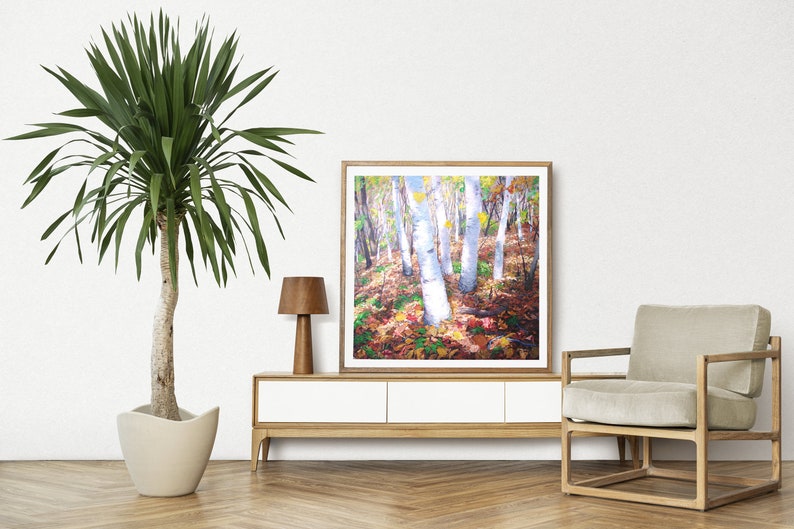 bouleau avec feuilles jaune Impression d'art, peinture de forêt d'automne, image 2