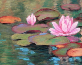 digital art download, printable image, wild flower painting of a beautiful pink waterlilies in a pond