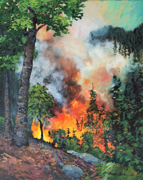 Forest Fire Art Print: Wildfire Mountain Landscape (digital
