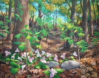 painting print, digital download, art print, spring forest. Trilliums carpet the woodlands in May, just as the new leaves are coming out.