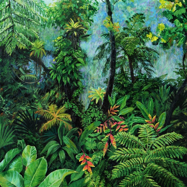 art print, rain forest painting, Dominica, cloud forest, jungle painting, misty forest, magical forest