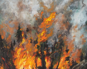 森林火災のアートプリント：山火事のアクリル画（デジタルダウンロード