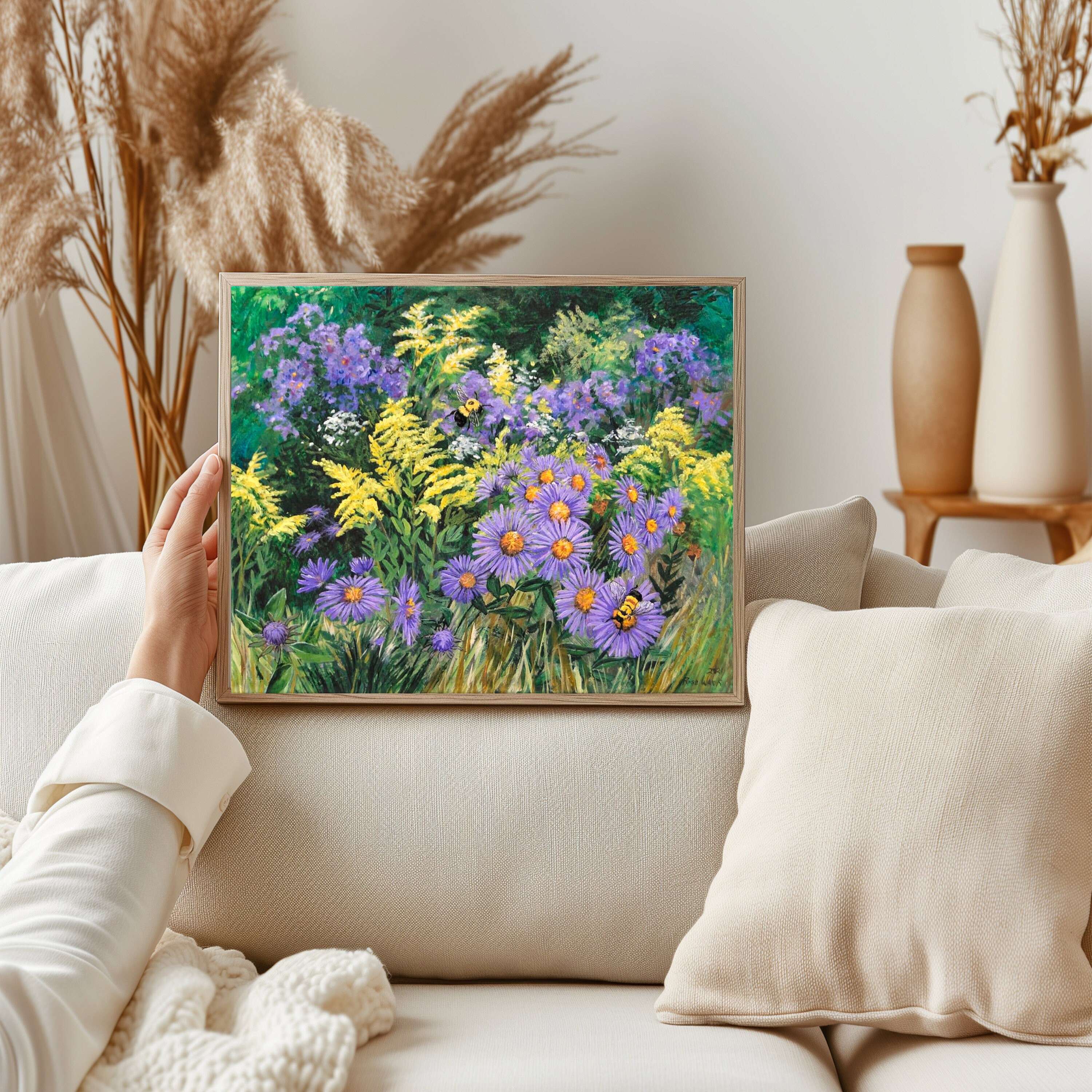 Digital Download Art Print, Flowers and Bees in a Meadow