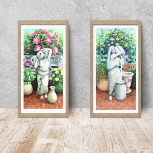 Original painting with water nymph, pots of flowers on a brick patio. Sunny summer garden. zdjęcie 4