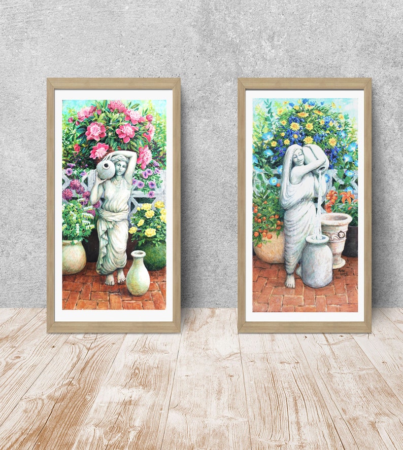 Original painting with water nymph, pots of flowers on a brick patio. Sunny summer garden. zdjęcie 4