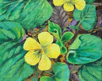 yellow flower painting, wild flower painting, acrylic painting on cotton canvas, yellow violets, small painting