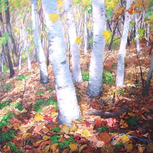 bouleau avec feuilles jaune Impression d'art, peinture de forêt d'automne, image 1