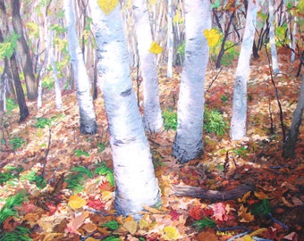 Birch trees art print, autumn forest painting, yellow leaves, autumn color birches, square format