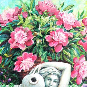 Original painting with water nymph, pots of flowers on a brick patio. Sunny summer garden. zdjęcie 9