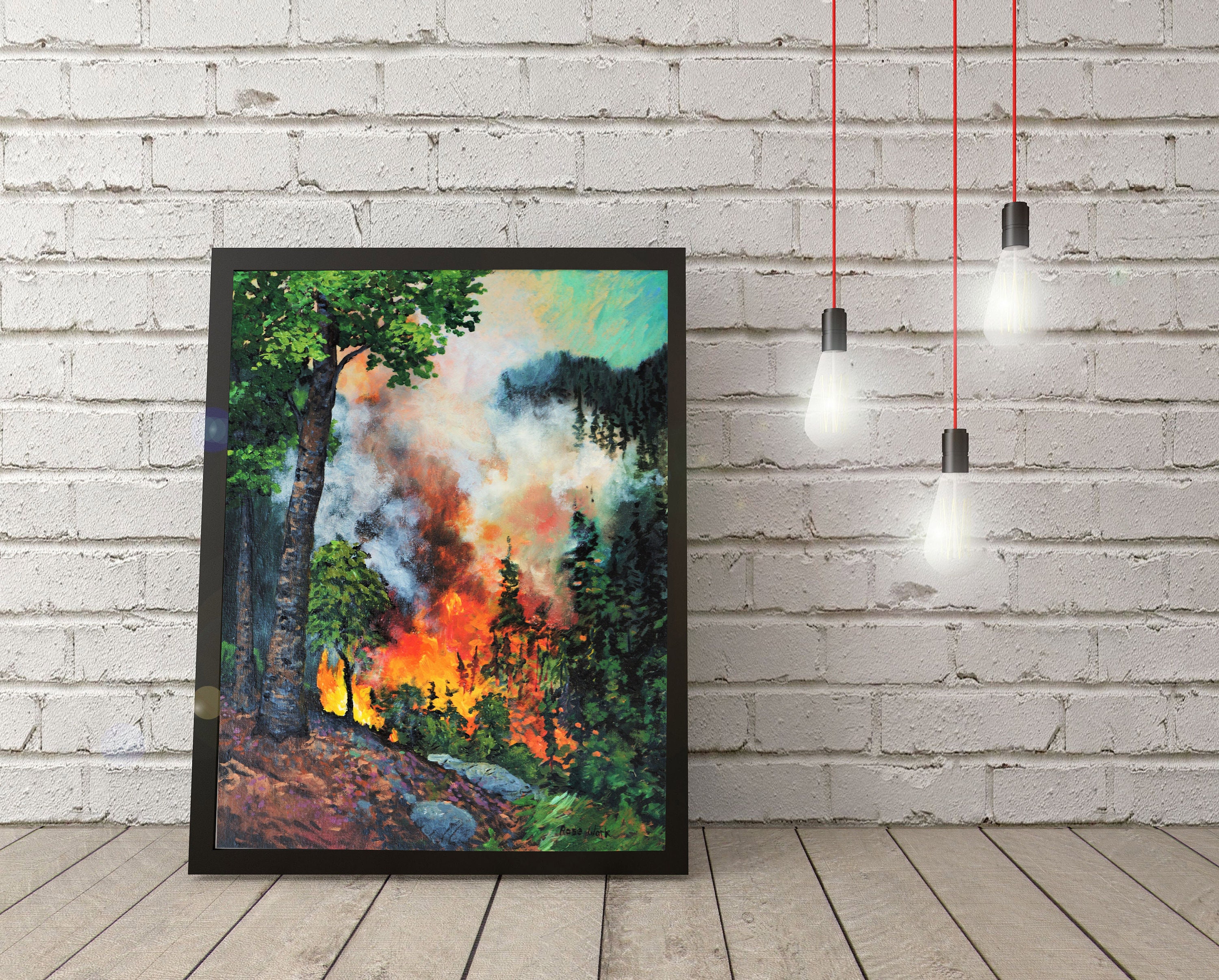 Forest Fire Art Print: Wildfire Mountain Landscape (digital