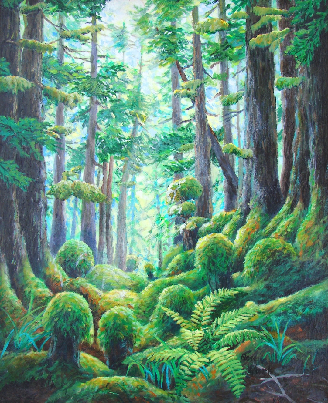 Magical Forest Art Print, Temperate Rain Forest Painting, Mossy Forest ...