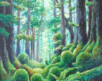 Magical forest art print, temperate rain forest painting, mossy forest, misty forest, Haida Gwaii