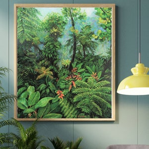 May include: A framed art print depicting a lush rainforest scene. The artwork features vibrant green foliage, including large leaves and ferns, with pops of red and orange flowers. The painting is set in a wooden frame.
