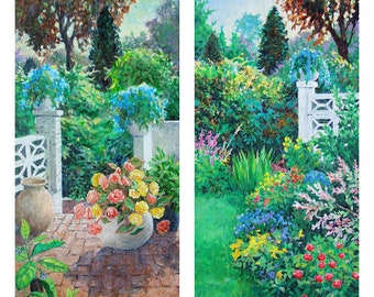 Matching pair of summer garden art prints, 2 digital downloads of acrylic garden paintings