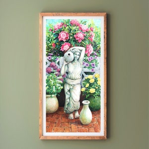 Original painting with water nymph, pots of flowers on a brick patio. Sunny summer garden. zdjęcie 3