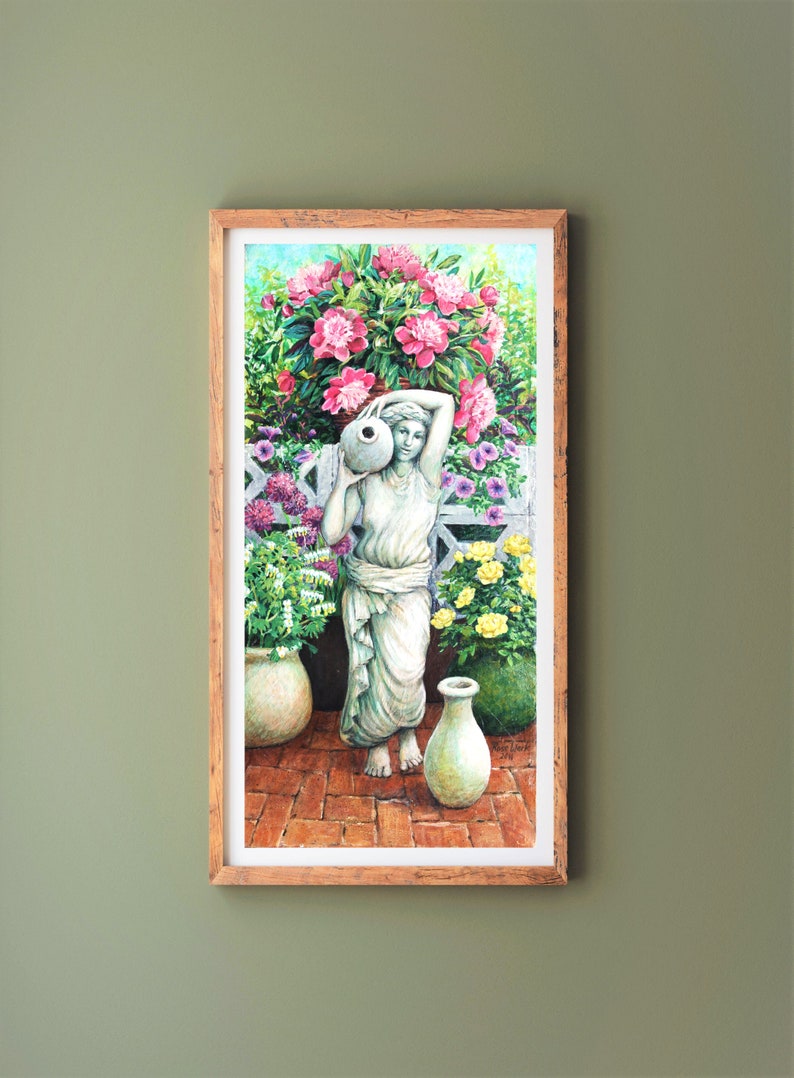 Original painting with water nymph, pots of flowers on a brick patio. Sunny summer garden. zdjęcie 3