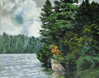 Northern lake painting, wilderness art, tiny island with red maple.