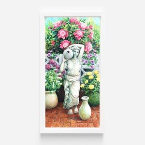 Original painting with water nymph, pots of flowers on a brick patio. Sunny summer garden. zdjęcie 6