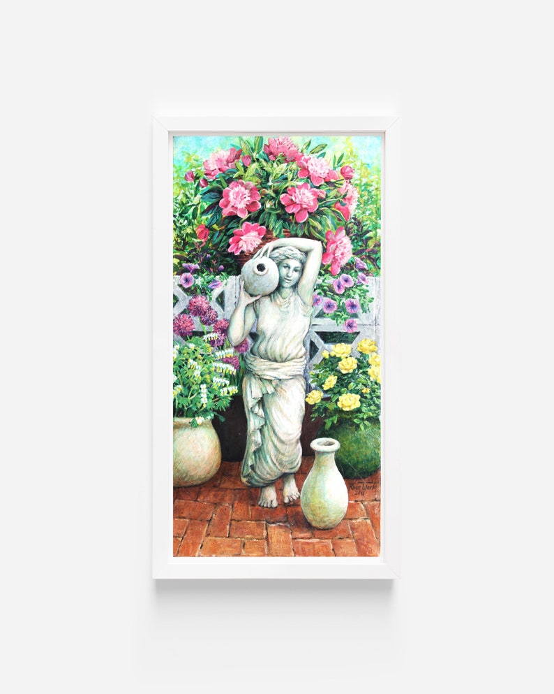 Original painting with water nymph, pots of flowers on a brick patio. Sunny summer garden. zdjęcie 6