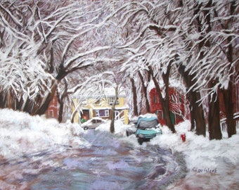 digital download, art print of a Montreal winter street scene in pastel