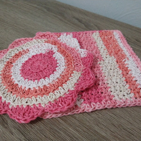 2 Pink, Coral Square & Scalloped Handmade 100% Cotton Yarn Cloths-Facial Cloths-Dishcloth-Washcloth-Gift Set
