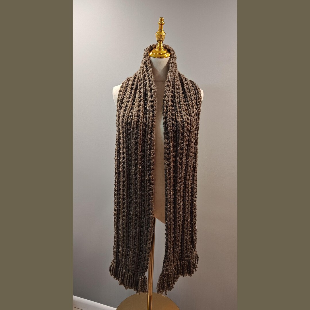 Handmade Barley Brown Chunky Wool Blend Crochet Winter Scarf With ...