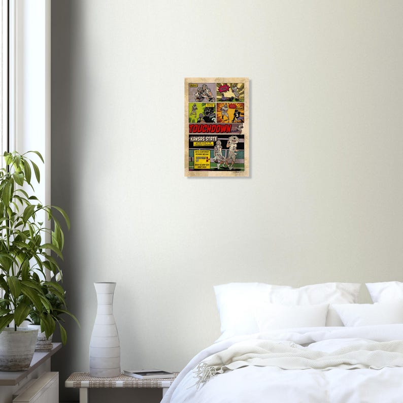 May include: A vintage-style poster with a football theme. The poster features a comic book-style layout with multiple panels depicting football action. The word "TOUCHDOWN" is prominently displayed, along with "KANSAS STATE". The color palette includes red, yellow, and green.