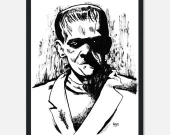 ORIGINAL-Frankenstein's Monster 11x14 Pen and Ink Illustration (Framed)
