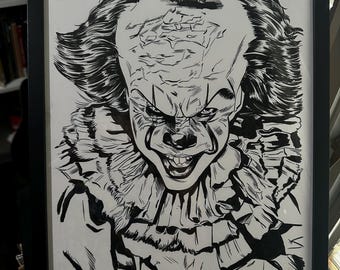 Original Pen and Ink Illustration - Hand-Drawn Comic Art - 11x17 Framed Pop Art Pennywise IT