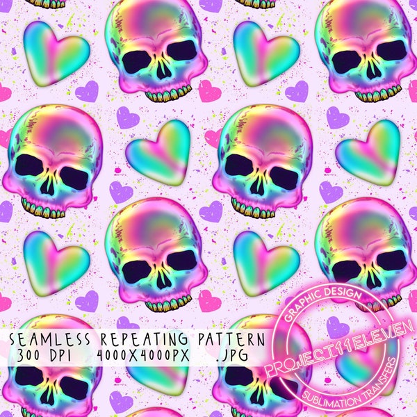 Metallic Rainbow Skull and Hearts Seamless Repeating Pattern | COMMERCIAL USE | Fabric | Tiling Design | Instant Download