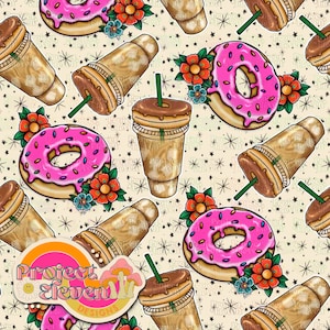 Ciambelle in stile tatuaggio e caffè freddo / Esclusiva FB VIP Limited / Modello senza cuciture