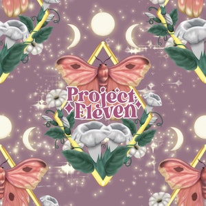 Handgemalte Motten & Monde floral auf Dusty mauve Hintergrund FB VIP Limited exclusives Seamless Pattern